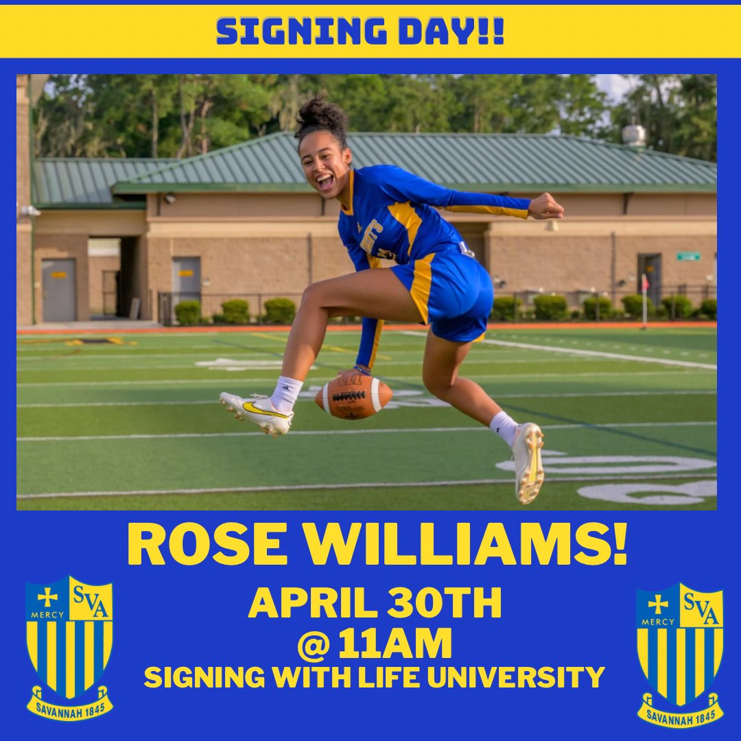It’s a big day for SVA! Rose Williams will sign with Life University to play Flag Football for the Running Eagles! Rose will be our FIRST Flag Football player to take her skills to the next level and we are SO proud! Ceremony will be at 11am in the courtyard. #svaathletics