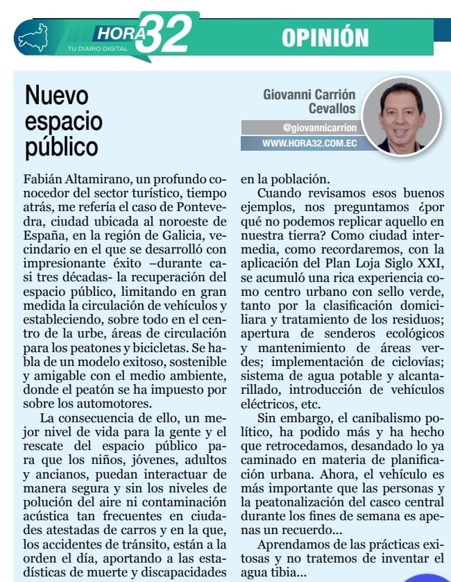 Buenos días. Comparto mi opinión: Nuevo espacio público.
Vía <a href="/HORA32LOJA/">HORA32</a>