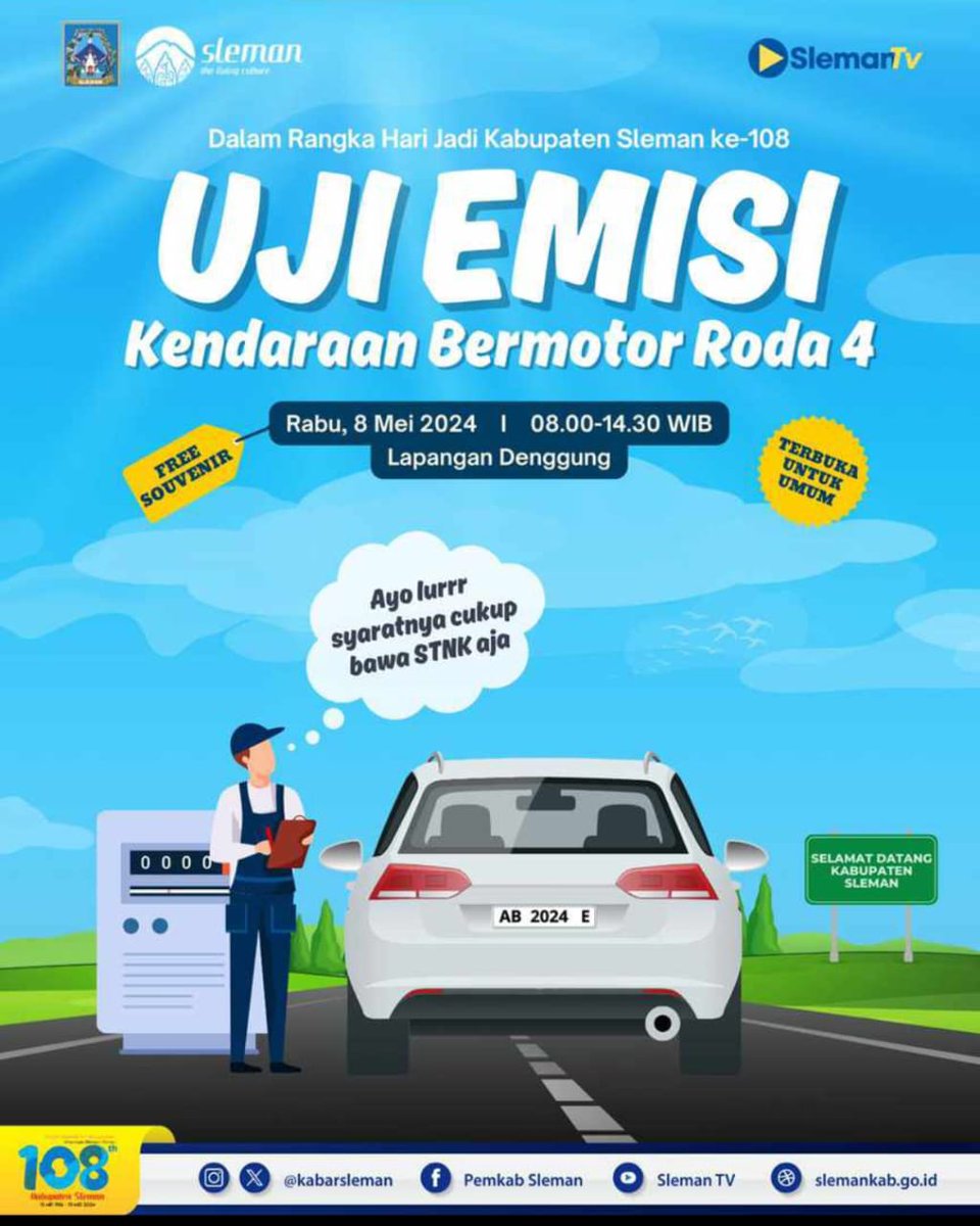 Pemerintah Kabupaten Sleman menyelenggarakan uji emisi kendaraan bermotor khusus roda 4 (empat), sebagai bagian dari rangkaian kegiatan Hari Jadi ke-108 Kabupaten Sleman.
