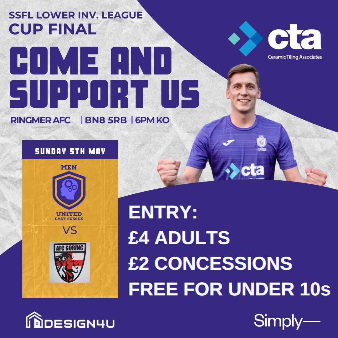 On Sunday we play in our first ever cup final against AFC Goring Reserves🏆⚽️
Our squad list will be released later in the week, so keep an eye out for updates! 📱 
It would be great to see you all there to enjoy the occasion💜🤍#ssfl #smashthestigma #sundayleague #menunited #cup