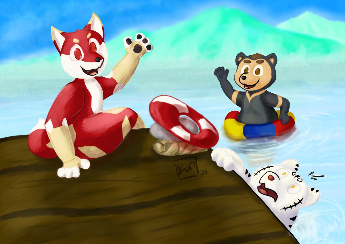 My submission for IWAG 2024 conbook artwork 😁
Here's Sorrel 🦊, Kokon 🐻, and Raung 🐯 enjoying their summer vacation.. 

All characters are mine.. 🐧