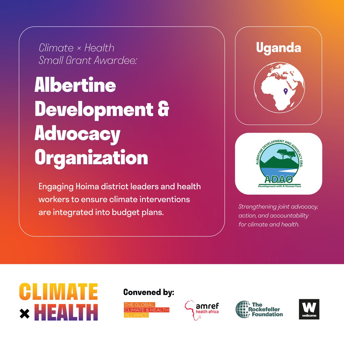 Congratulations to @AlbertineA9196, winner of a Climate x Health small grant to engage district leaders and health workers in Hoima, Uganda, to integrate climate and health interventions into budget plans. Learn more about their project here: climatexhealth.org/small-grants