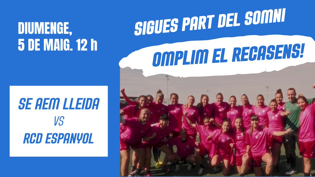 🔈Diumenge, omplim el Recasens❗️ Donem suport a l’equip de la Secció Esportiva AEM en el play-off d’ascens a la Liga F, la liga professional de futbol femení 📅El primer partit es disputa el 5 de maig, a les 12 hores, contra l’RCD Espanyol Sigues part del somni❗️ @SEAEM_1925