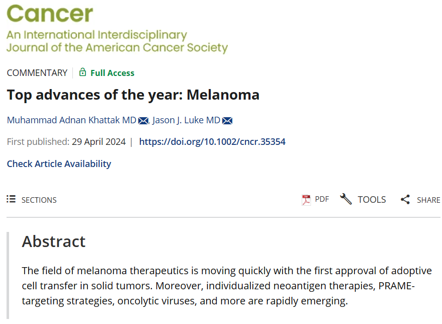 Top advances of the year #Melanoma! Great work @AdnanKhattakOnc on impact of TIL approval, novel strategies targeting PRAME, oncolytic virus as well as neo-/adjuvant strategies such as mRNA individualized neoAg therapy. Quick read to stay UTD! acsjournals.onlinelibrary.wiley.com/doi/10.1002/cn…