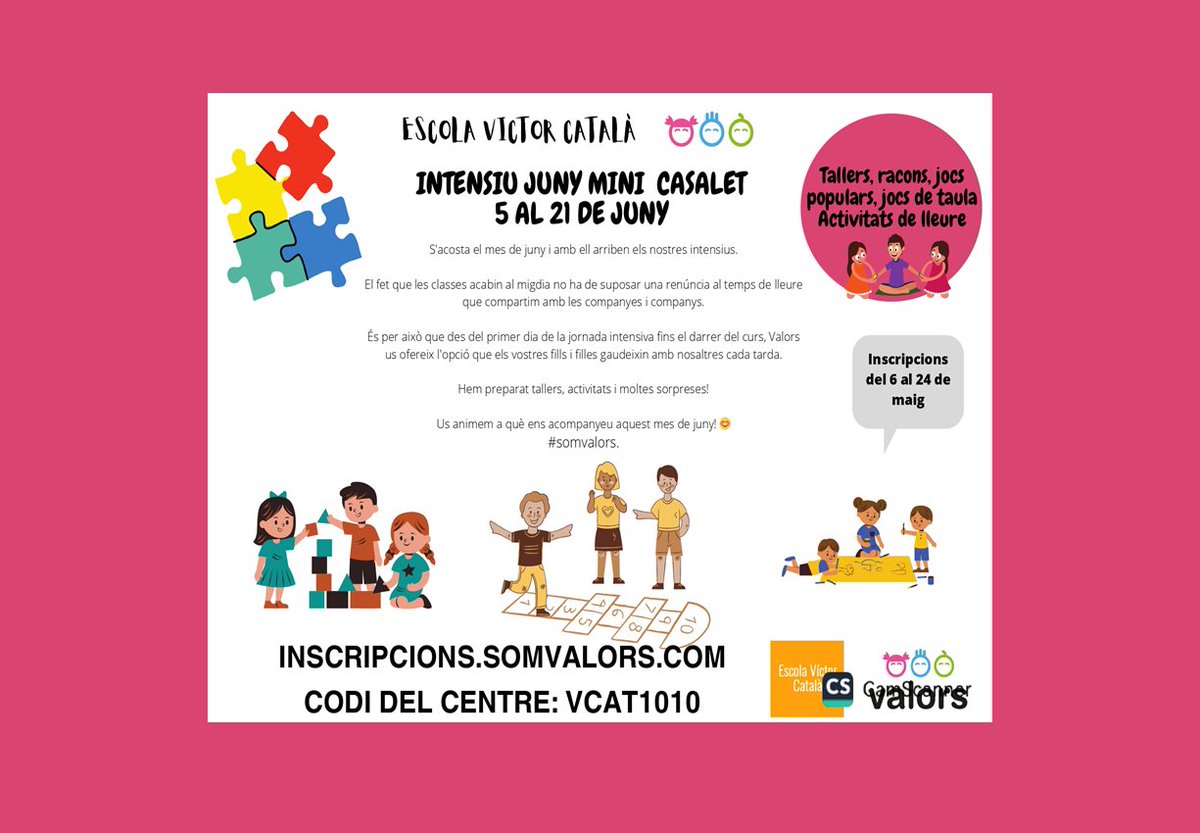 #Extraescolars. Casalet intensiu de juny
Hola famílies,

aquí teniu tota la informació del Casalet per als dies de la jornada intensiva.

Visiteu el nostre web!

#noubarris #9barris #escolavictorcatala #afavictorcatala @somvalors