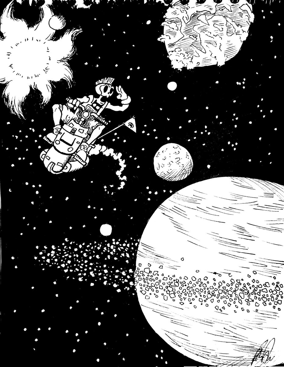 Hello humans! I just finished visiting a strange planet full of gladiators, it was cool maybe I will show you the souvenir photos I took, in the meantime we fly to a new adventure!
💀✨️🌌
#freespace #drawings #sketch #myart #mangaart #art #artist 
#Space