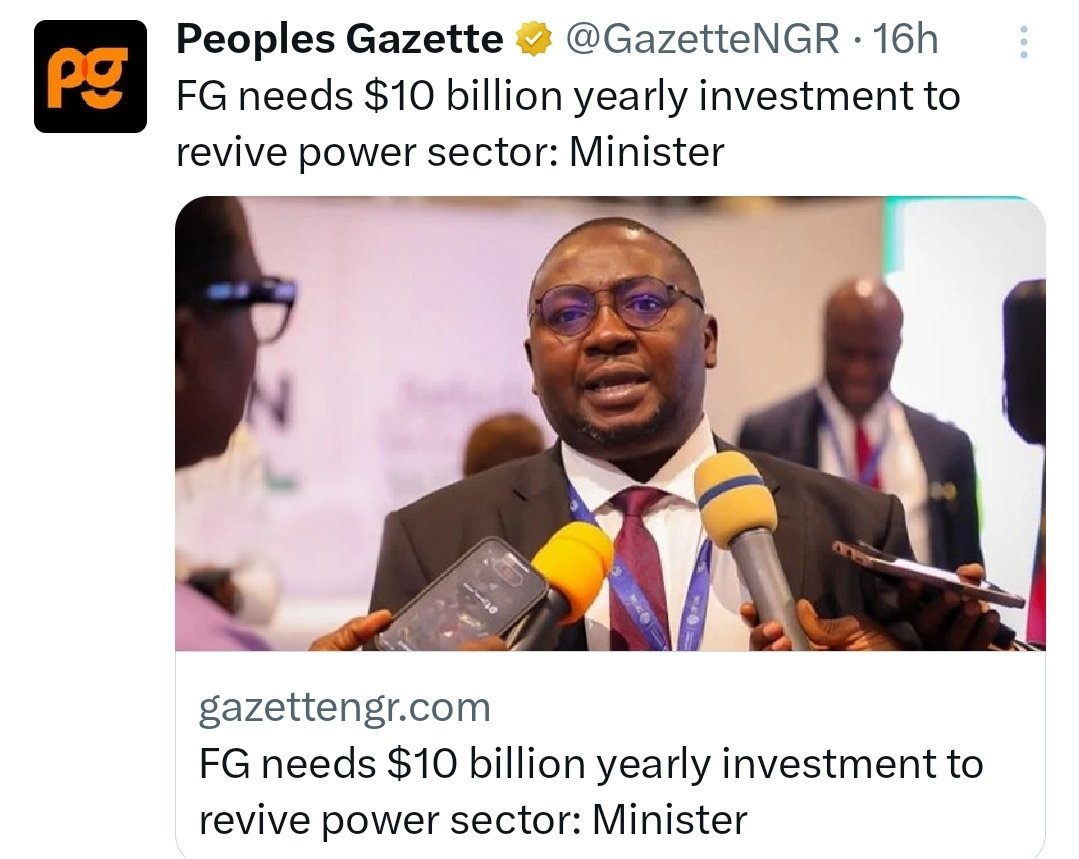 This country has become a joke to be honest.. Obasanjo spent $16m on same power sector and everyone is calling for his head ... Now this govt needs $10billion dollars yearly to fix same power sector which means if its being fixed for 5 years , 50billion dollars will be needed