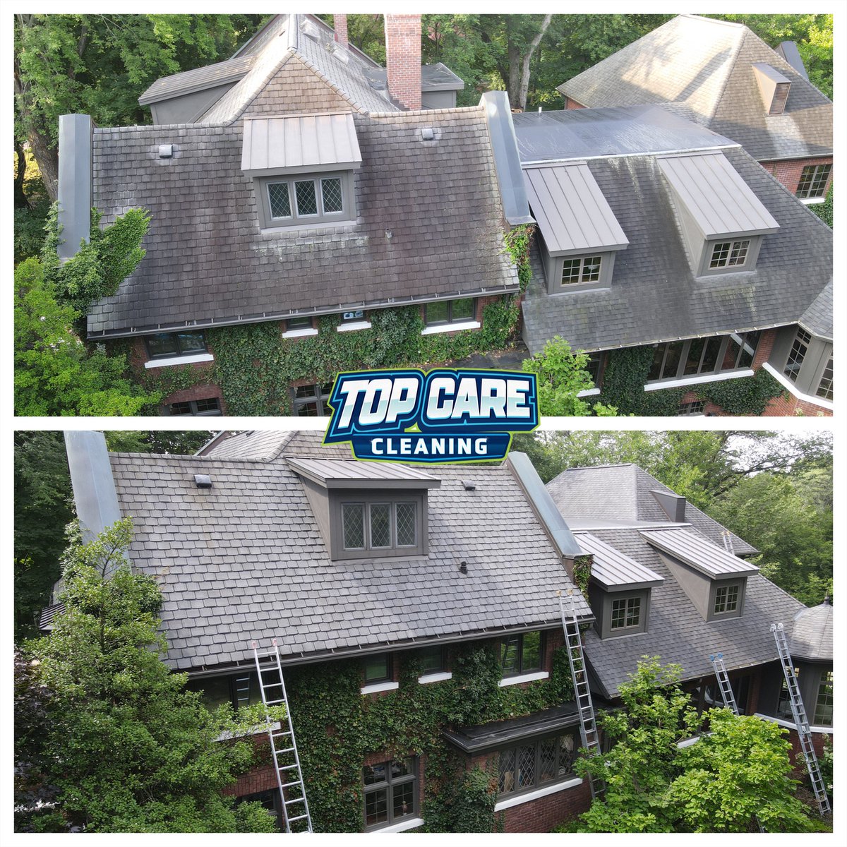 We can't get over this before and after for a roof cleaning done in Cascade MI. 
Find out more about our roof cleaning service on our website: 
topcarecleaning.com/house-washing-…