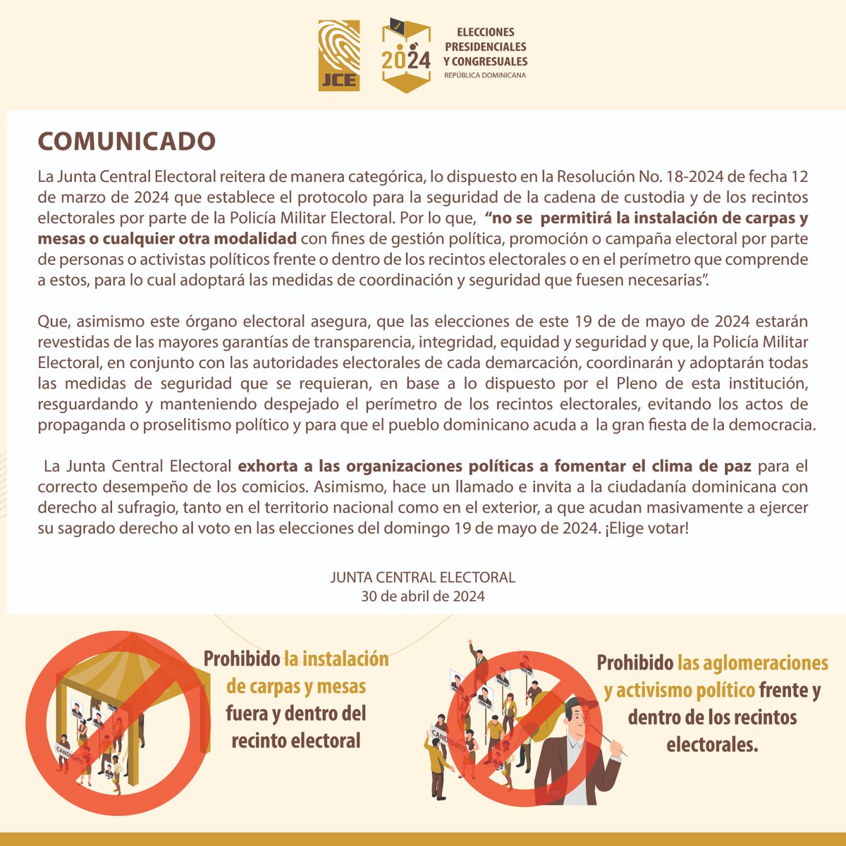 COMUNICADO La Junta Central Electoral reitera de manera categórica, lo dispuesto en la Resolución No. 18-2024… “no se permitirá la instalación de carpas y mesas o cualquier otra modalidad con fines de gestión política, promoción o campaña electoral por parte de personas o…