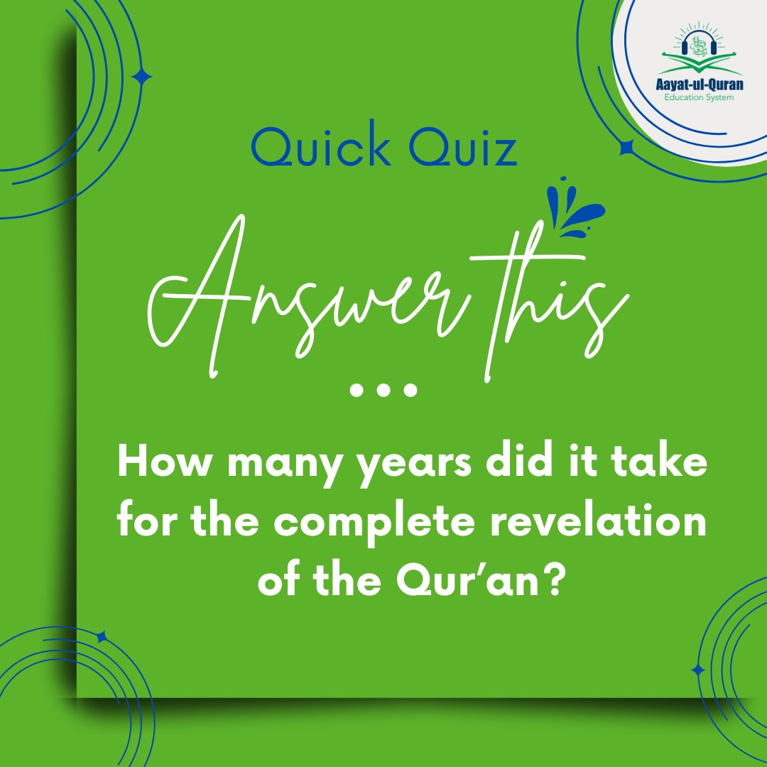 Quick Quiz: How many years did it take for the complete revelation of the Quran?

Answer: 23 years. The revelation of the Quran began in 609 CE and was completed in 632 CE.
📷 𝗪𝗲𝗯𝘀𝗶𝘁𝗲:
aayatulquaraneducationsystem.com
#QuranicKnowledge #IslamicTrivia #QuickQuiz #QuranRevelation