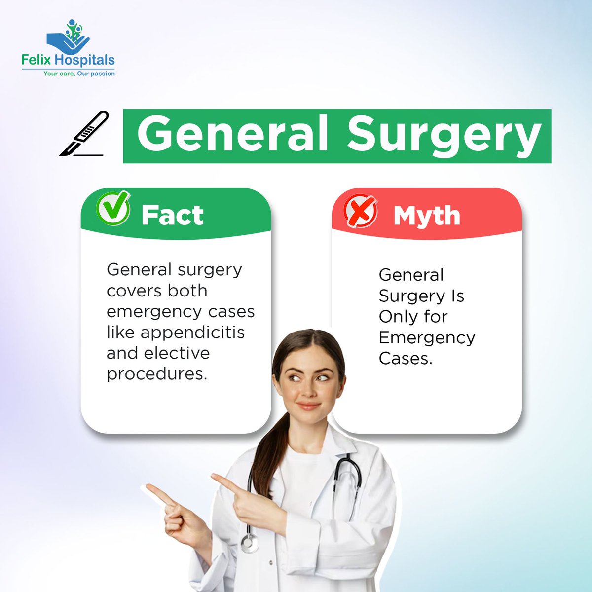 General surgeons are experts in a wide range of surgeries, not just emergencies. From hernia repair to breast surgery, they handle both routine and complex procedures. 

#surgery #mythandfact #generalsurgery #myths #facts #factsyoudidntknow #besthospitalinnoida #hospitalnear