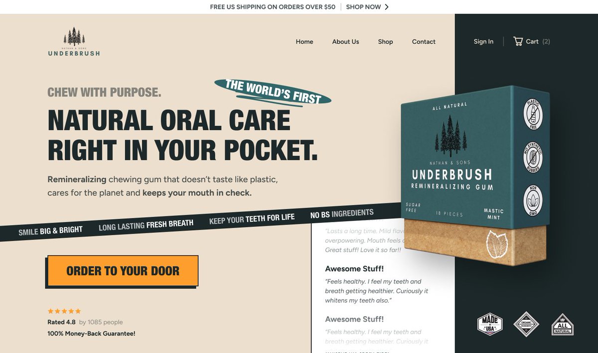 krealdesign's tweet photo. Public redesign series. Issue #10.

I love all things wellness. That's why you see me doing more of DTC ecommerce redesigns lately.

Here's a revamp concept for "Underbrush". A remineralizing gum made by Nate @LoFiMoney.

My approach explained in the comments.

Before → After: