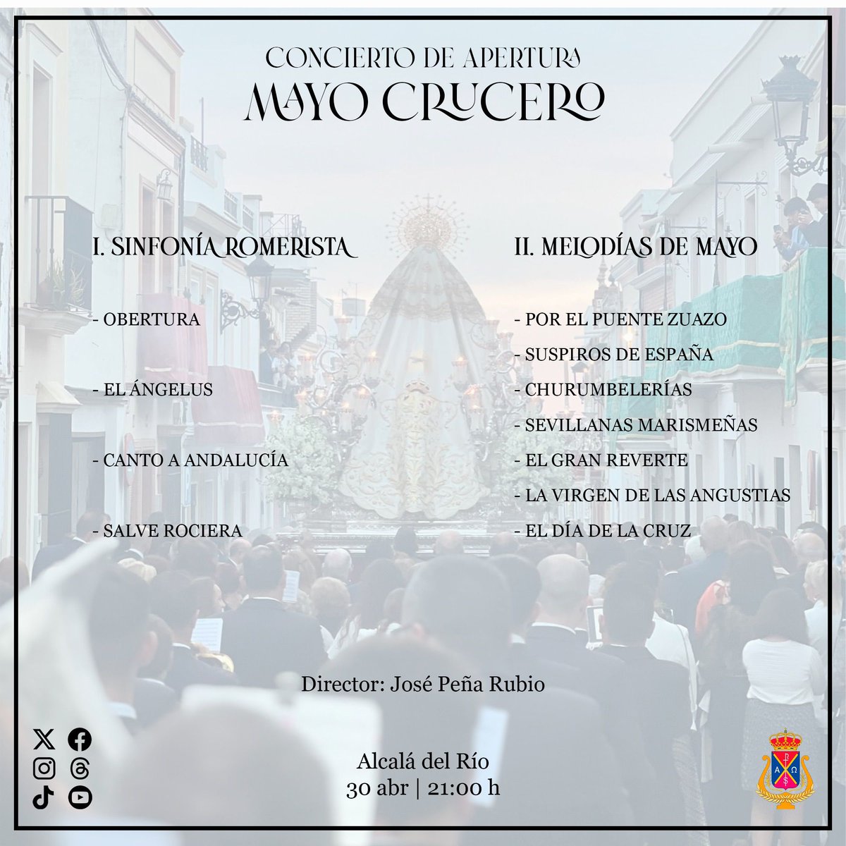 🎶 ¡Hoy vuelven los #SonesDeLaPuebla! Tendremos el honor de poner nuestra música en la Gala de Apertura del Mayo Crucero de la querida Hermandad de @SoyDeLaVeraCruz de Alcalá del Río con un variado programa. ⏰ 21:00 horas ⛪️ Edificio Vera+Cruz