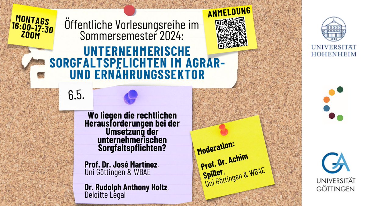 Ankündigung 📣

Vorlesung von Prof. Dr. Martínez zum Thema: "Wo liegen die rechtlichen Herausforderungen bei der Umsetzung der unternehmerischen Sorgfaltspflichten?" Diese findet virtuell am Montag, 06. Mai, um 16 Uhr statt.

Link zur Anmeldung:

uni-goettingen.zoom-x.de/webinar/regist…