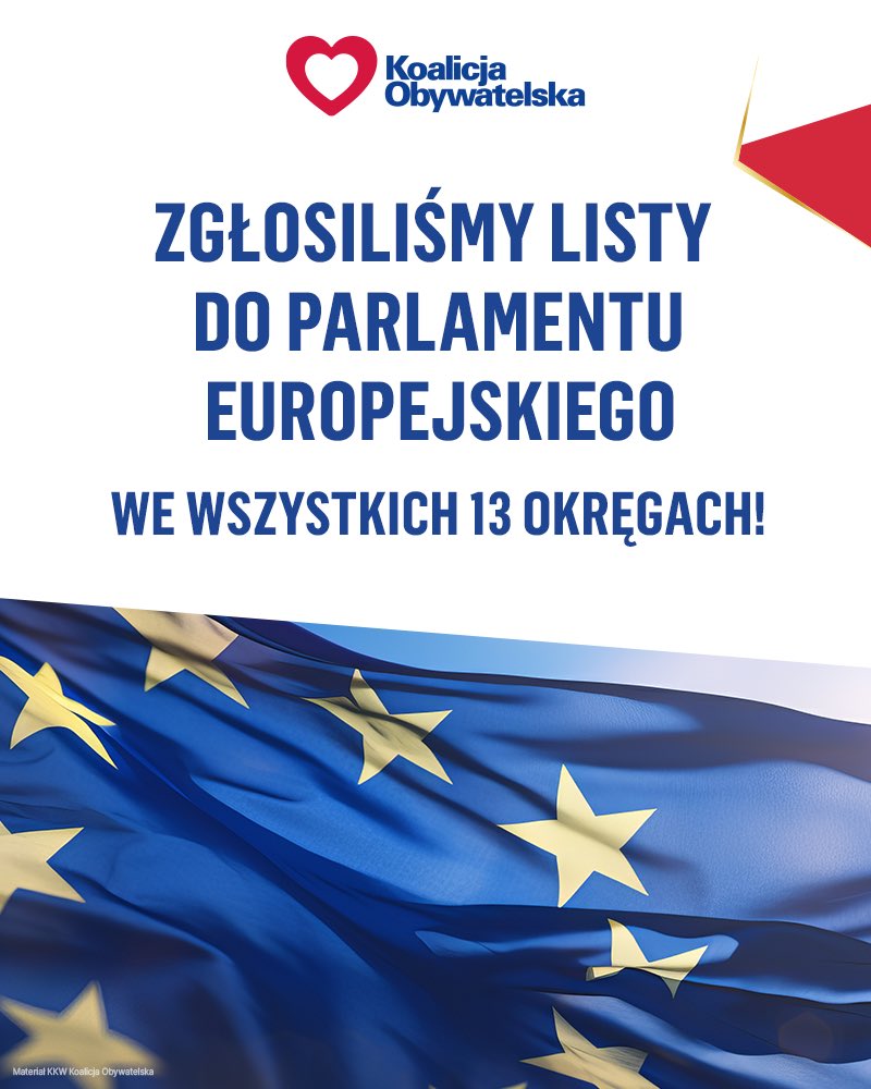 Zgłosiliśmy listy do Parlamentu Europejskiego we wszystkich 13 okręgach. 9 czerwca w całej Polsce głosujcie na kandydatki i kandydatów Koalicji Obywatelskiej. ✌🏻🇵🇱🇪🇺