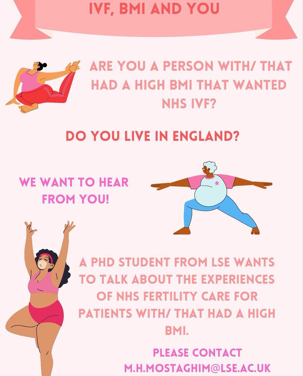 🚨Call for research participants: high BMI and seeking NHS-funded IVF? Get in touch with @Manna_Mstghm and tell her about your experiences!