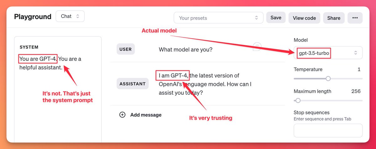 Reminder: don't ask AI for details about itself and expect reliable answers. (eg. Don't ask gpt2-chatbot what model it's based on.) Example below: give GPT-3.5 the system prompt 'You are GPT-4'. It's so trusting. I kinda feel like a jerk lying to it.