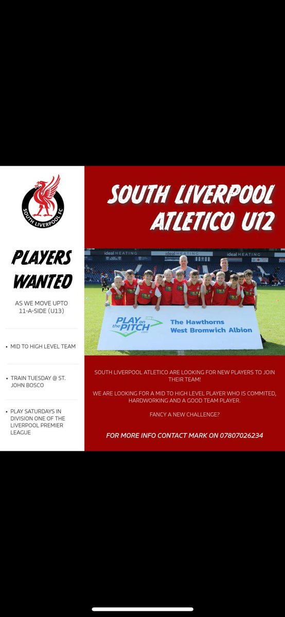 ‼️ 𝙋𝙇𝘼𝙔𝙀𝙍𝙎 𝙒𝘼𝙉𝙏𝙀𝘿 ‼️

South Liverpool Atletico U12 is looking for a couple of players for next season as they move up to 11-a-side ⚽️

All info can be found on the post attached ☝️

Contact Mark or DM 📱 

⚪️⚫️🔴