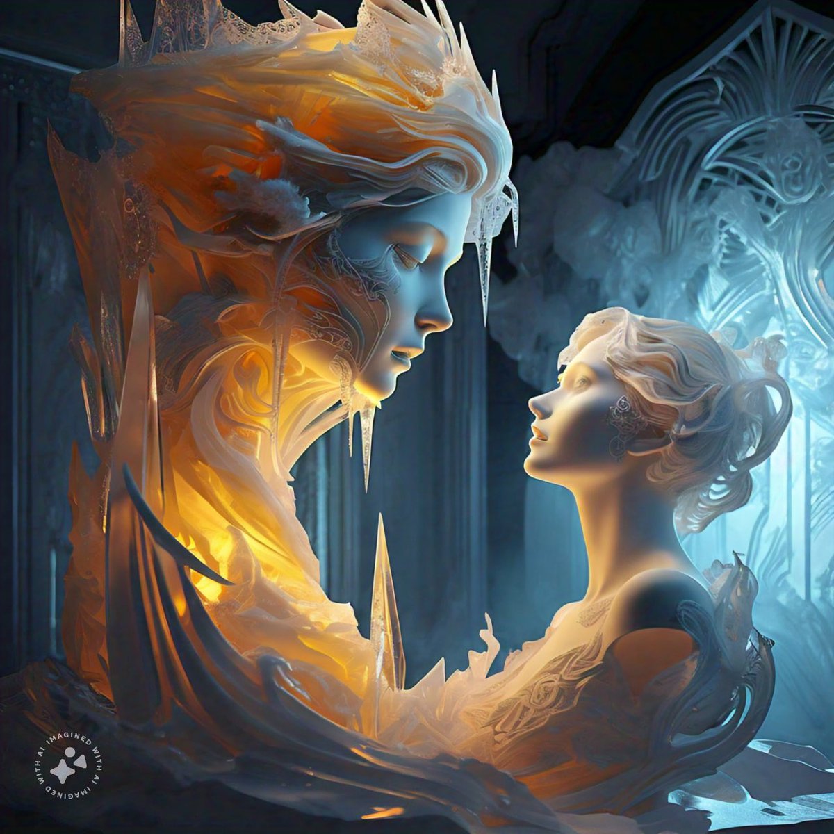 Good morning! Prompt share: Yellow ice dying sculpture, impasto effect, art deco vibe, a beautiful woman’s face in three-quarter profile … with a few extra tweaks