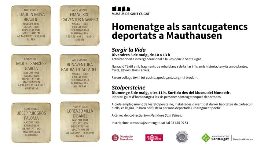 El proper diumenge 5 de maig a partir de les 11 h farem un itinerari guiat en homenatge a les sis persones santcugatenques deportades a Mauthausen. Ens acompanyes? @IStolpersteine @ajsantcugat @EstherMadrona @catmemoria @MemoriaCat