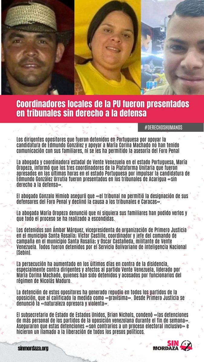 Coordinadores locales de la PU fueron presentados en tribunales sin derecho a la defensa

#eleccionespresidenciales2024 #MaríaCorinaMachado #PlataformaUnitaria #VenteVenezuela #persecuciónpolítica #detenciónarbitraria #derechoaladefensa #DDHH