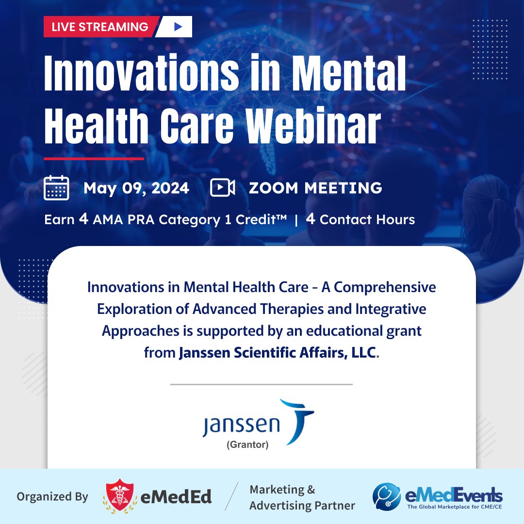 We are thrilled to announce that eMedEd. Inc. has been awarded an educational grant from Janssen Scientific Affairs, a subsidiary of The Janssen Pharmaceutical Companies of Johnson & Johnson.

#MentalHealth #Innovation #eMedEvents #JanssenScientificAffairs #JohnsonandJohnson