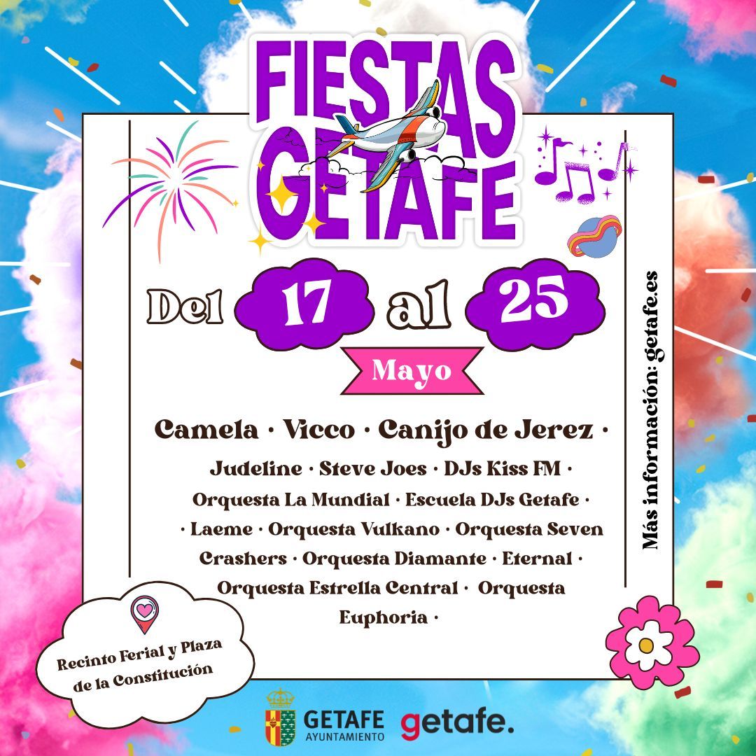 Con mayo llegan las #FiestasdeGetafe y ya conocemos los conciertos del recinto ferial: @camelaoficial @vicco_music @elcanijodejerez y muchamúsica local y tributos en el #hospitalillo y en el #Lago seguiremos informando. Más información: getafe.es
