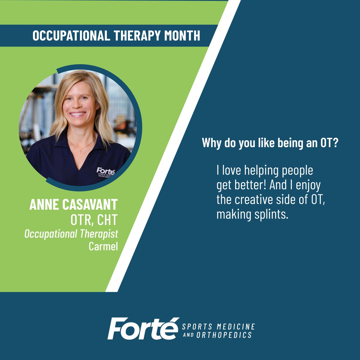 We are highlighting Occupational Therapist, Anne Casavant, as part of Occupational Therapy Month! Anne's favorite part of OT is treating fractures. You'll find Anne at our Carmel office. Thank you Anne for taking such great care of our patients! #OTMonth