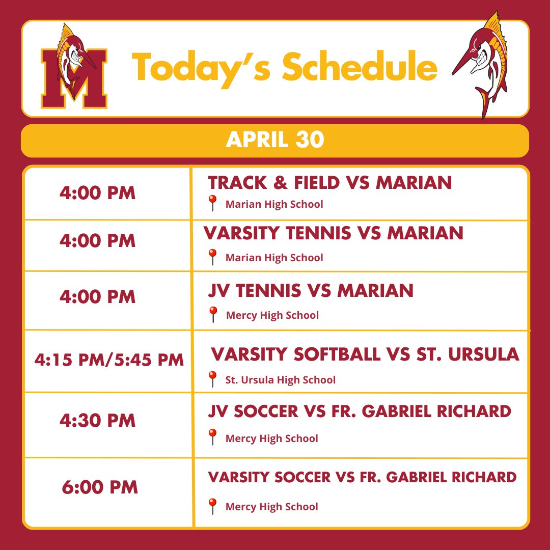 Today's schedule is here! Weather should be perfect to come out and support your favorite Marlin athletes!