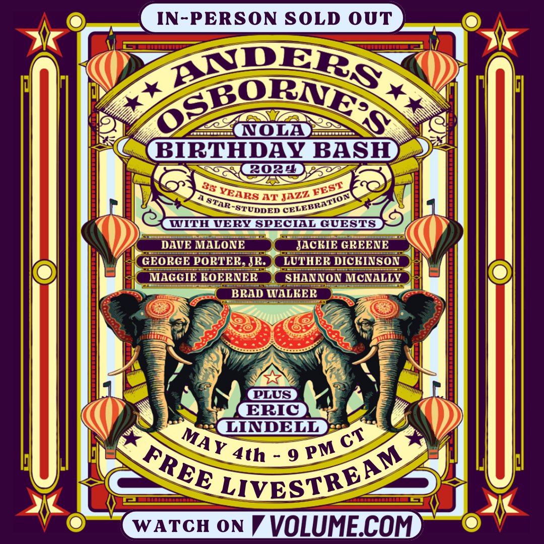 ICYMI: The show may be sold-out, but we're excited to announce we'll be streaming the @AndersOsborne NOLA Birthday Bash live from New Orleans on May 4th at 9pm CT. So, come join us for the star-studded celebration on @GetOnVolume! Free RSVP here: bit.ly/Nolafunk-Ander…