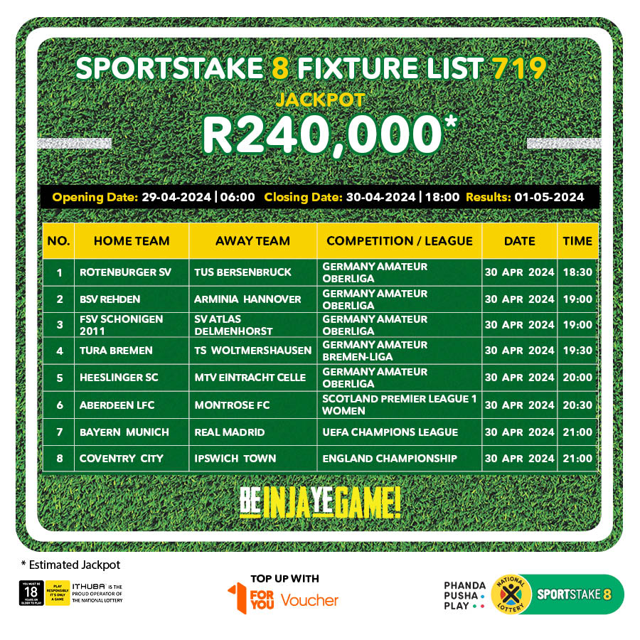 You could SCORE BIG when you play #SPORTSTAKE8 Fixture List 719 for an estimated R240,000 jackpot TODAY on nationallottery.co.za. The Fixture List closes @18:00. Play NOW & stand a chance to #BeInjaYeGame!