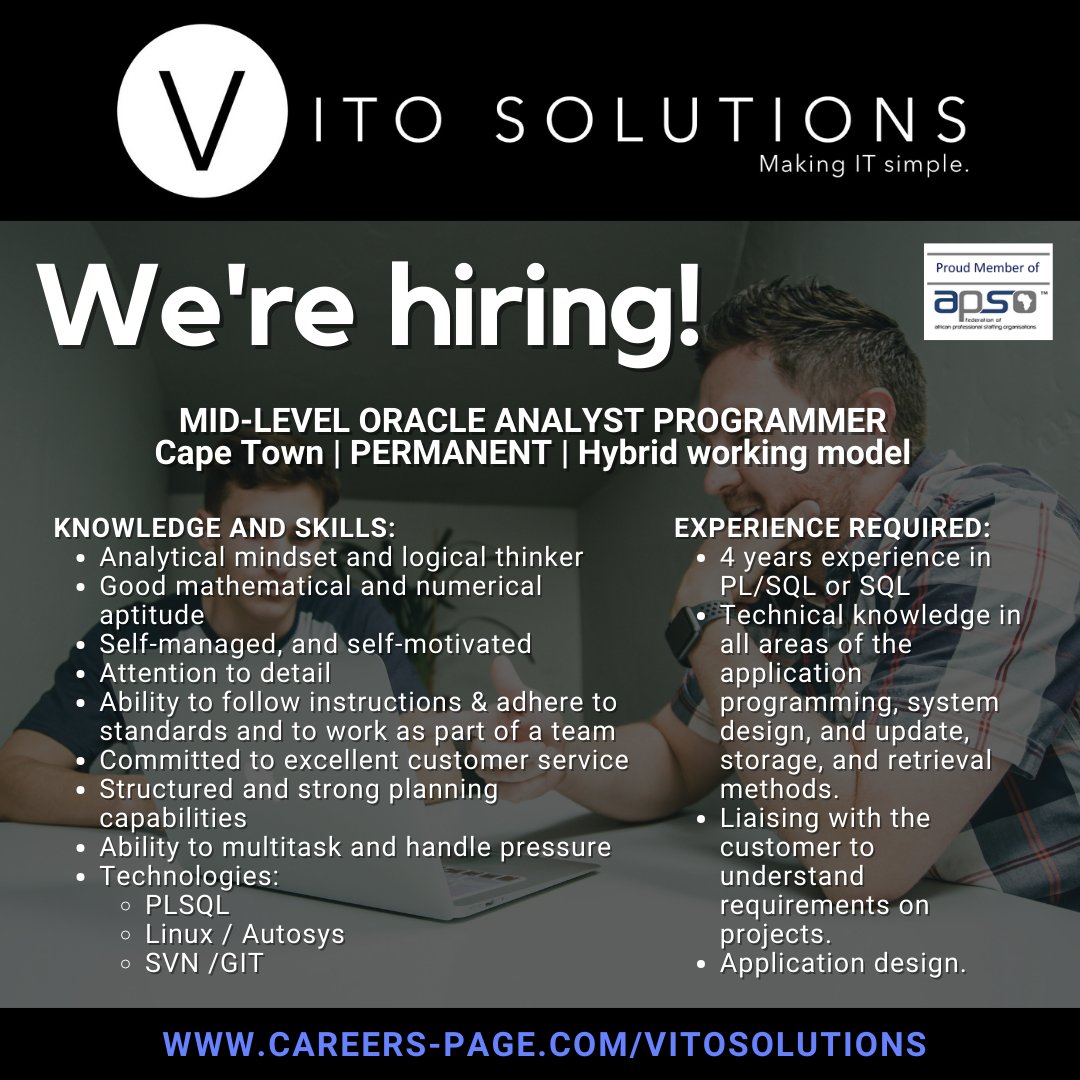 😃 POSITION AVAILABLE 😃

👉 MID-LEVEL ORACLE ANALYST PROGRAMMER 👈

✔️ Permanent
✔️ Hybrid (Cape Town)

Apply here: 👇
ow.ly/WM3I50R6upr

Share with anyone who might be interested! 💪🙃

ow.ly/KgEM50R6ups
#StrongerTogether #ITjobs #Hiring