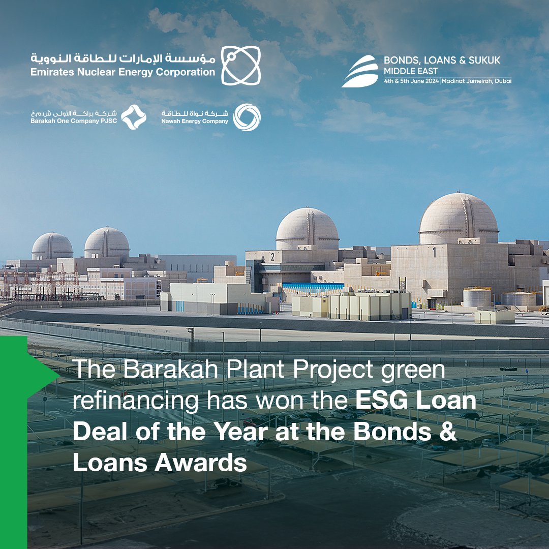 We are proud to announce that our subsidiary, Barakah One Company, has won the ESG Loan Deal of the Year at the Bonds & Loans Awards for our $2.42 billion green refinancing. For more details, visit the link in our bio. #BarakahPlant #ENEC