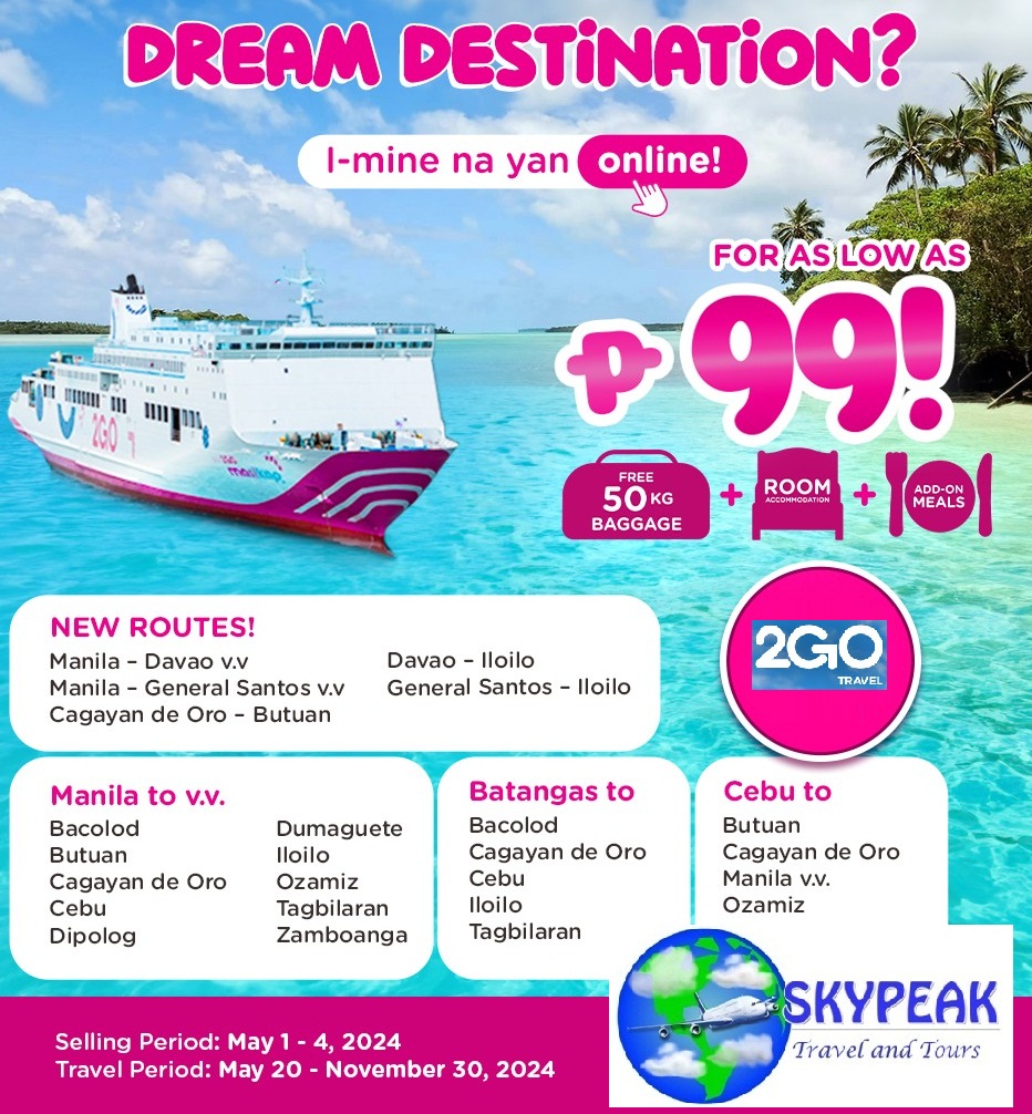 I-mine na yan! Book a trip for as low as P99 via 2GO Travel in this exclusive sale. Book from May 1 - 4, 2024 and sail from May 20 - Nov 30, 2024! Pm us at fb.com/skypeaktravela… #ShipNatinTo #2GOMasikap #2GOMasigla #SamaSamaTayoSa2GO #2GOSafeTravels #go2GO #Skypeak