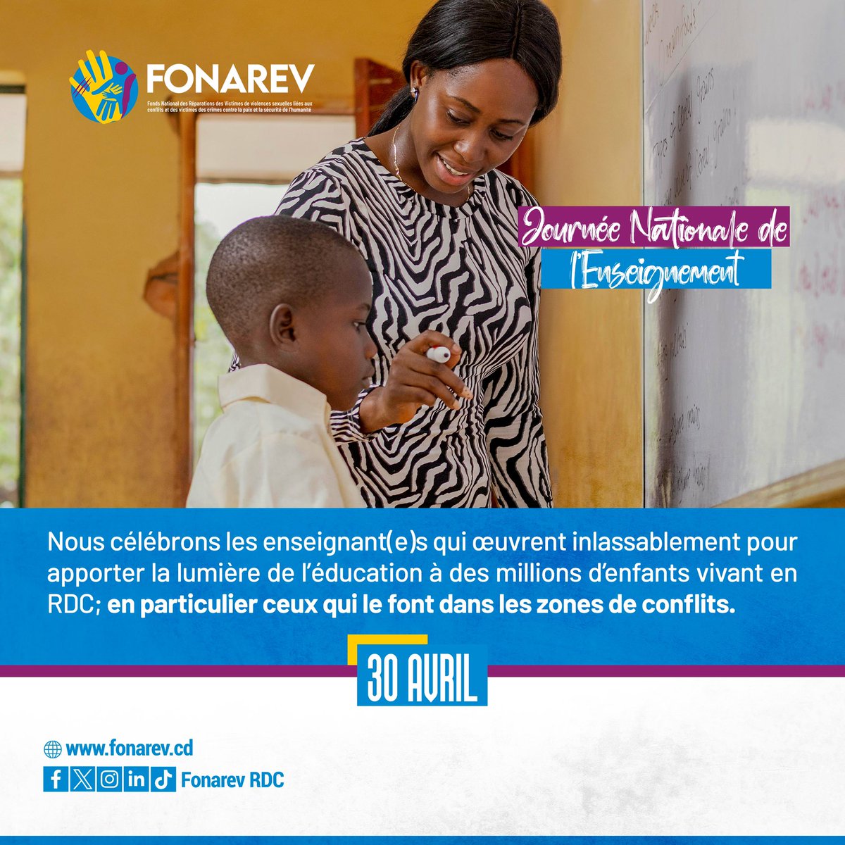 En cette Journée Nationale de l’enseignement, le FONAREV rend hommage à toutes ces vaillantes femmes et tous ces vaillants hommes qui se dévouent corps et âme à l'enseignement à travers la République démocratique du Congo, en particulier tous ceux se trouvant en zones de