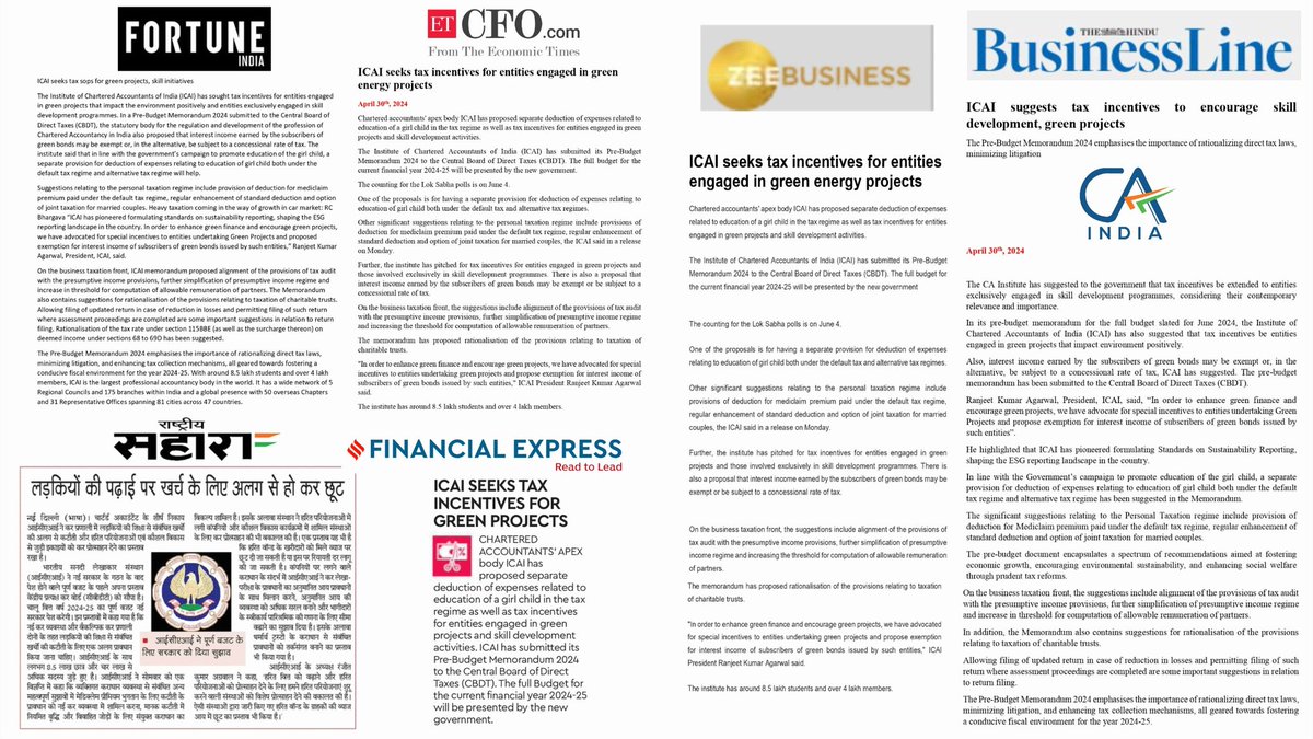 Collage of News Clippings with respect to Pre-Budget Memorandum presented by ICAI to the Central Board of Direct Taxes (CBDT) advocating Tax Reforms