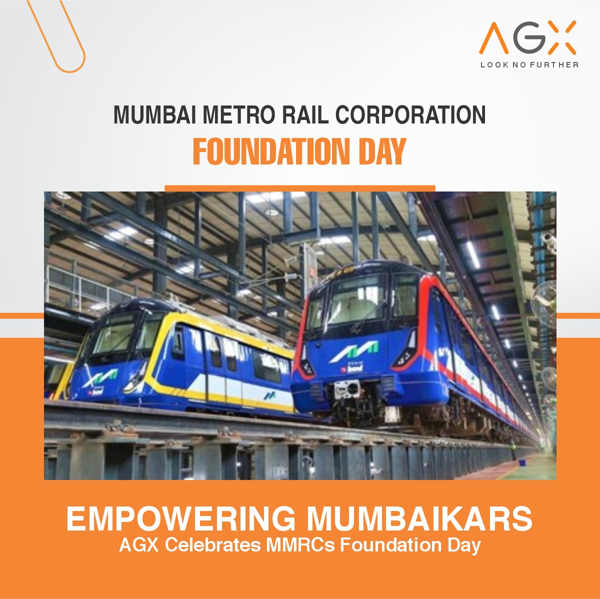 At #AGX, we're thrilled to celebrate Mumbai Metro Rail Corporation's (MMRC) Foundation Day. #MMRC has been instrumental in #Mumbai's transportation, and we're proud to have played a part in their #journey.