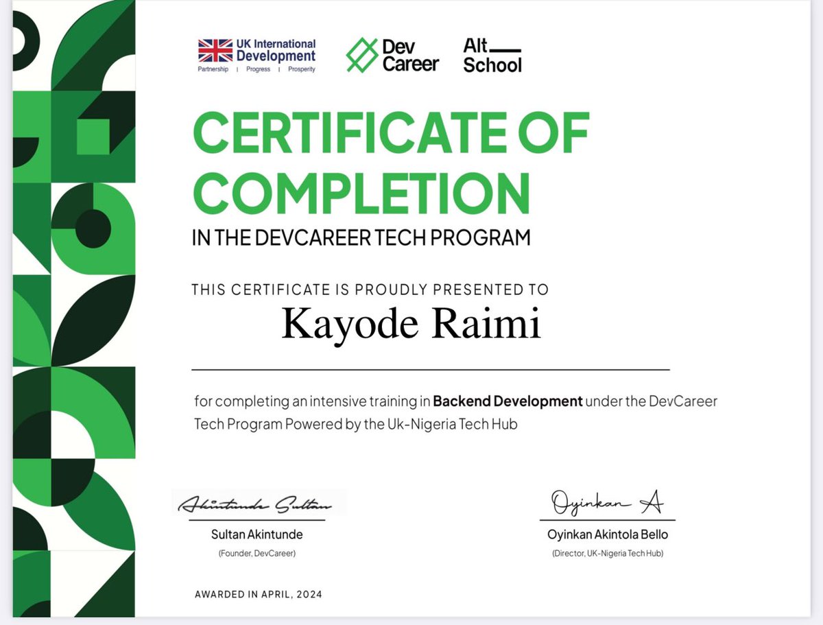 I'm officially a Certified Software Engineer (Backend Track)! @dev_careers @ukngtechhub @AltSchoolAfrica @traversymedia @freeCodeCamp  I mastered backend development using node JS, Express JS, MongoDB, and MySql, and I'm excited to put these skills to work.