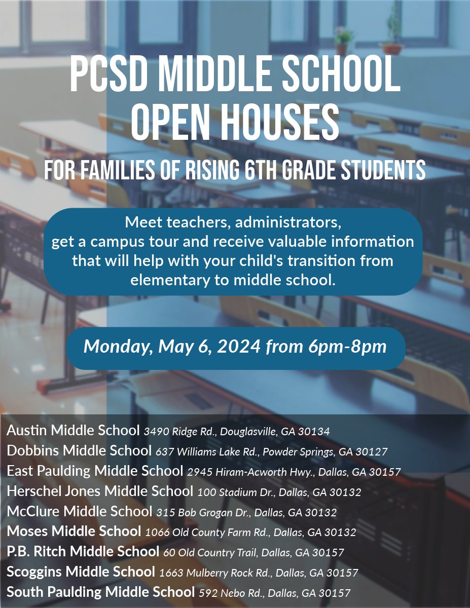 A reminder for rising 6th grade families!! The district-wide open houses are coming up on Monday, May 6th. IMPORTANT NOTE: If your child is now zoned for Crossroads Middle School, please attend open house at the middle school you were ORIGINALLY districted.