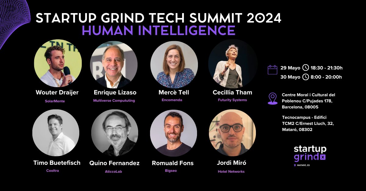 ¡Se inicia la cuenta atrás, primeros speakers anunciados! 
Llega la Tech Summit 2024: Human Intelligence 🧠

La mayor cumbre tecnológica del Maresme reunirá a más de 20 ponentes referentes del mundo emprendedor y tecnológico del país 🔥

Entradas: startupgrind.com/e/m6ztdy/