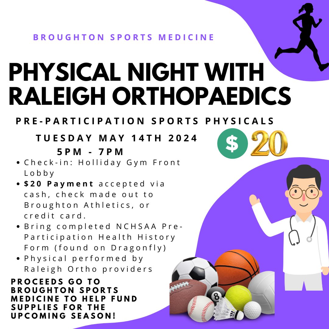 🚨@NBroughtonHS Physical Night! 📆 5/14 ⏰5pm 💰$20 📍 Holliday Gym @BHSCaps @Caps_Athletics @BHSCapsClub @oberlinmiddle @MartinMustangs @WakeBoysLead @WakeGirlsLead