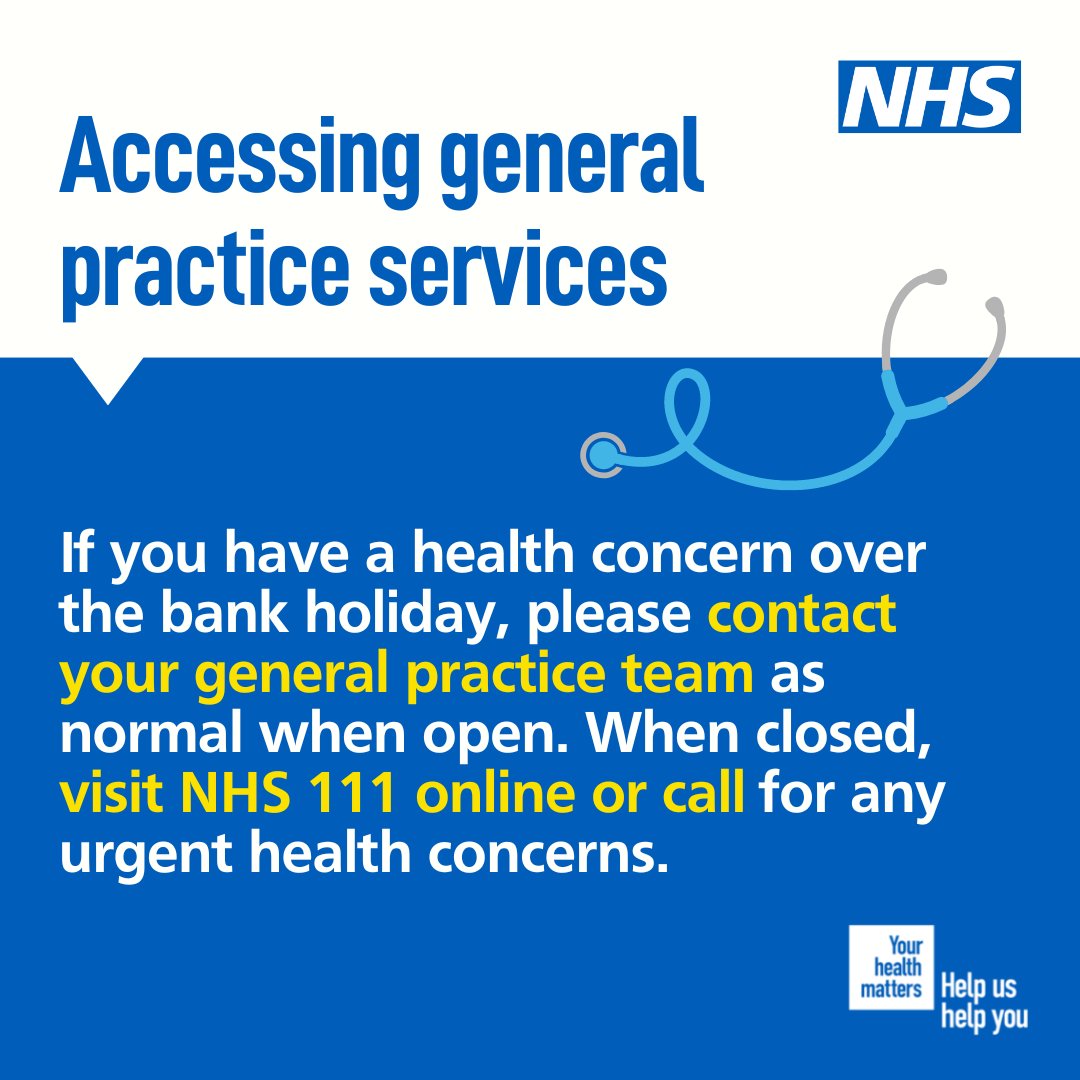 Some GP services will be available over the coming bank holiday weekend. If you have a health concern, contact your GP practice or use NHS 111 online ➡️ 111.nhs.uk