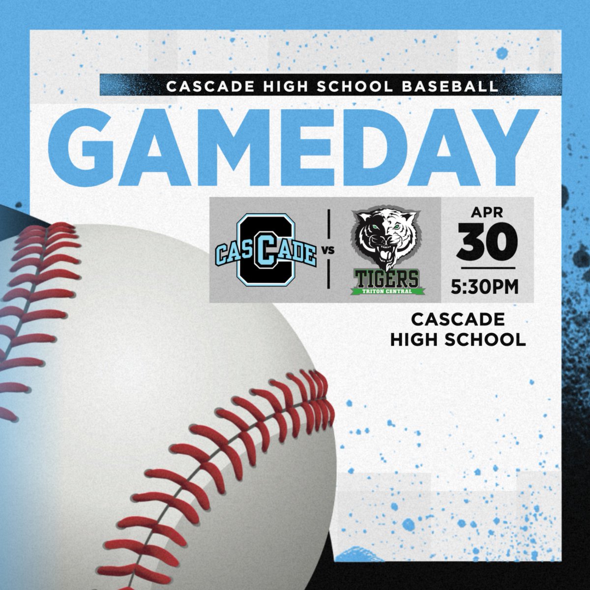 VARSITY BASEBALL 🆚 > Triton Central ⏰ > 5:30pm 📍> Cascade High School 🎟 > Tickets at cascadecadets.com/tickets OR Card at Gate (NO CASH)