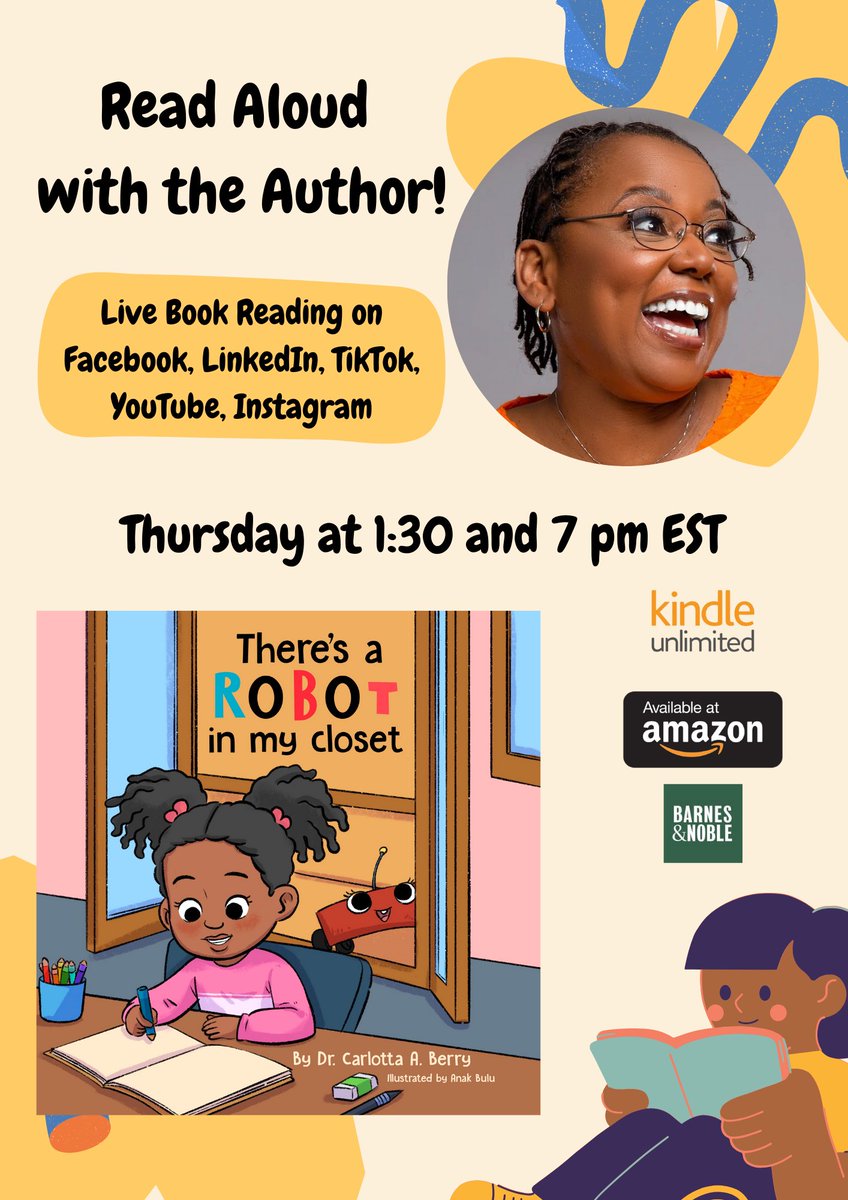 Join me on Thursday for live reading of my first Children’s book. ⁦@Rebellion_Reads⁩ #KidLit #YoungRebelsPub #ChildrensBooks #BrownSTEM #BlackSTEM #RepresentationMatters #KidSTEMBooks “There’s A Robot In My Closet” getbook.at/RobotInMyCloset