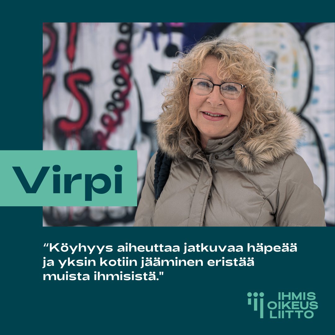 Millaista on olla köyhä Suomessa?

Virpi kokee jatkuvaa häpeää ja kulkee laskimen kanssa kaupassa, jotta rahat riittäisivät kuun loppuun asti.

Puolusta oikeutta riittävän toimeentuloon. 👉Jaa!

Lue Virpin tarina: ihmisoikeusliitto.fi/kuka-tahansa-v…

#ihmisoikeudet #RiittäväToimeentulo
