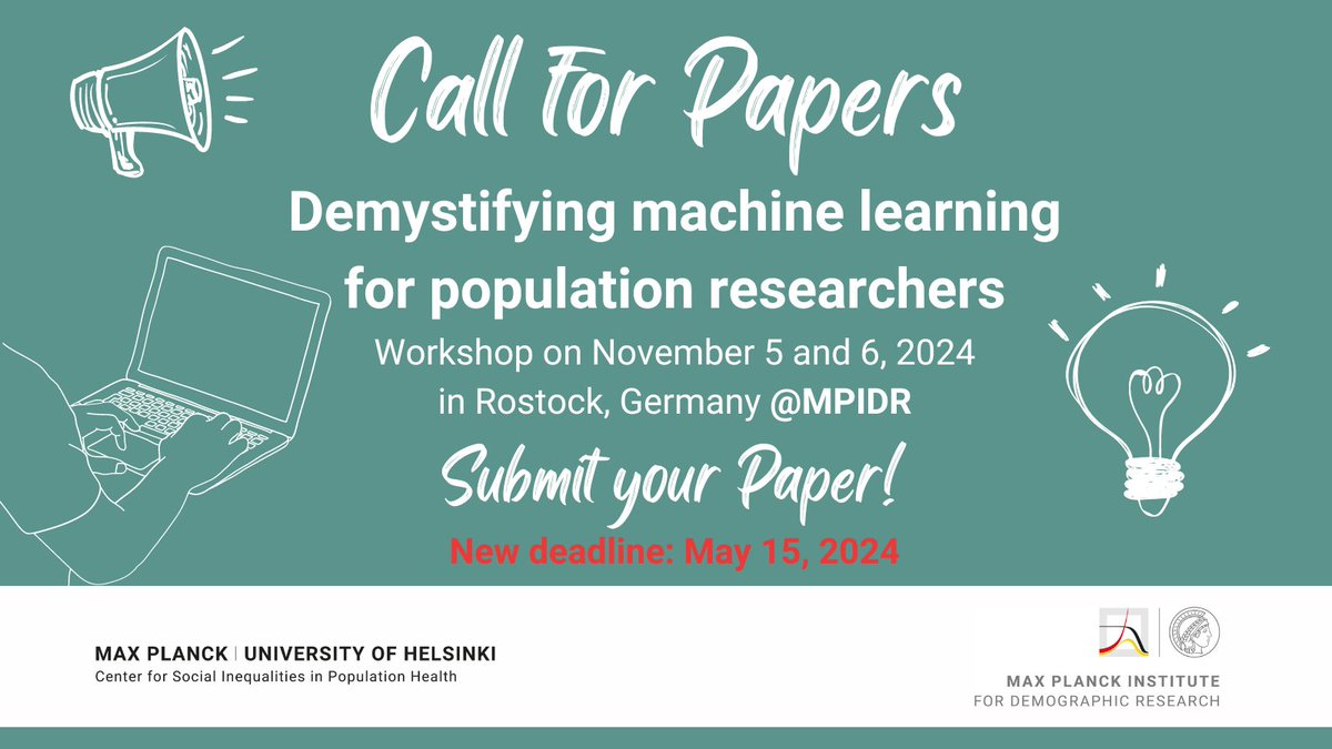 MPIDRnews's tweet photo. 📣𝘾𝙖𝙡𝙡 𝙛𝙤𝙧 𝙋𝙖𝙥𝙚𝙧𝙨 𝙚𝙭𝙩𝙚𝙣𝙙𝙚𝙙‼️ @AngelaCarollo89 @waapol  &amp; M.Myrskylä still invite submissions for the workshop "Demystifying #machinelearning for population researchers" which aims to clarify #ML methods for population research.  https://t.co/43hW9PJ0HL https://t.co/GcFjAXCmT6
