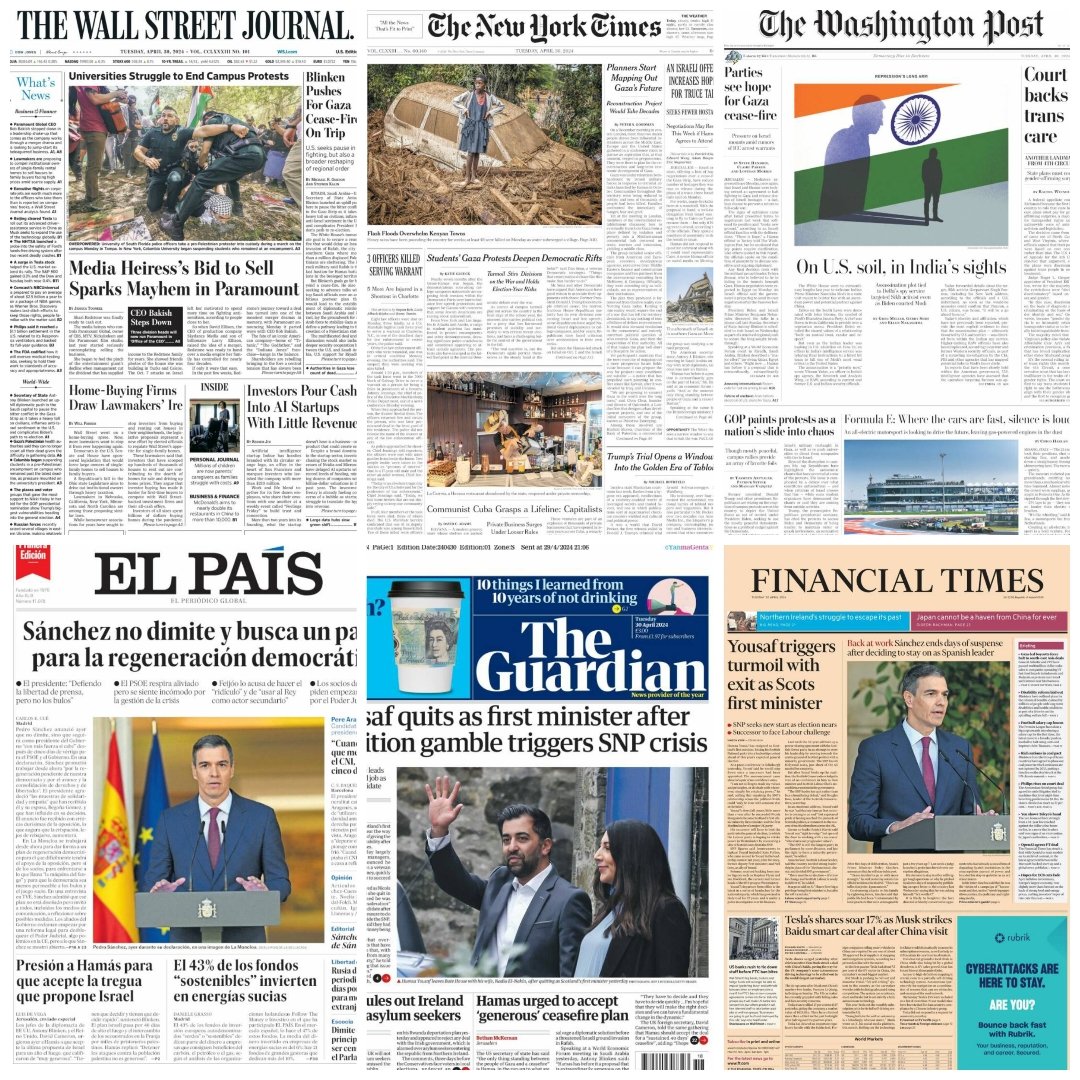 Periódicos en el mundo... #TheWallstreetJournal #Thenewyorktimes #Thewashingtonpost #TheGuardian #ElPaís #Financialtimes #news #newspaper #april30