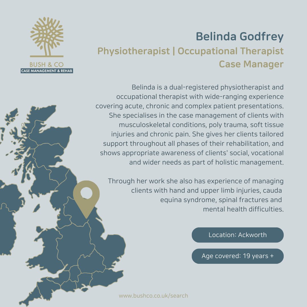Based in West Yorkshire, case manager Belinda Godfrey is experienced in working with complex orthopaedic injuries and conditions following traumatic injury enabling her to quickly assess and plan rehabilitation needs and goals. Read her full CV here: eu1.hubs.ly/H08T0V80