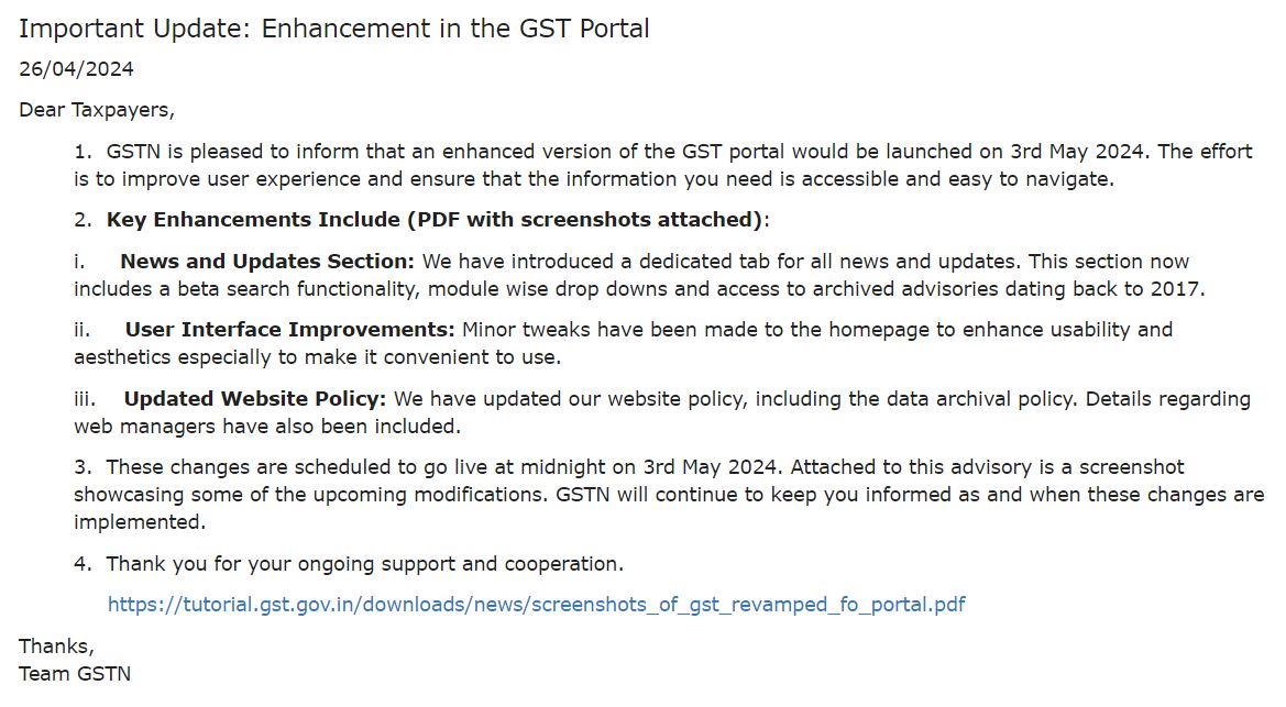 GSTN Announcement
GSTN is pleased to inform that an enhanced version of the GST portal would be launched on 03/05/2024.

Key Enhancements: tutorial.gst.gov.in/downloads/news…

#GSTN #gstportal #ICAI