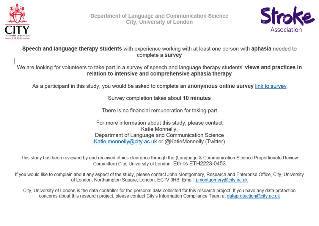 Survey request for UK based speech and language therapy students. What are your experiences of aphasia therapy as a student? We've had 53 responses so far. Please share with UK SLT students. Thank you. cityunilondon.eu.qualtrics.com/jfe/form/SV_2r…